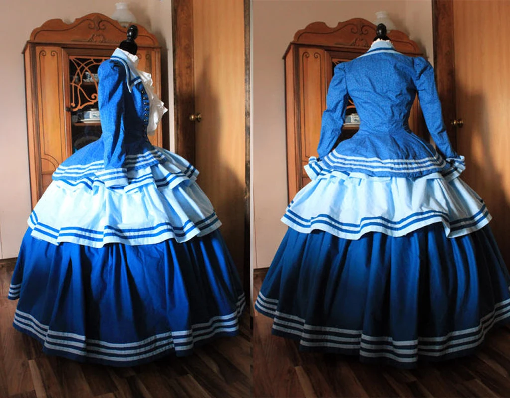 Victorian Gothic Steampunk Costume Women Blue Dress Gown Historical Medieval Dress