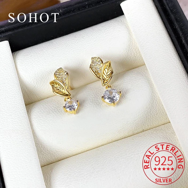 

Real 925 Sterling Silver Geometric Leaves Round Zircon Pendant Stud Earrings for Women Exquisite Fine Jewelry Accessories