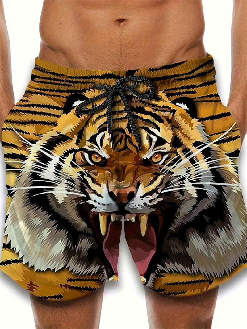 

2025 New Men Beach Short Summer Fashion Quick Drying Sports Shorts Tiger Graphic 3D Printed Breathable Casual Swimming Trunks