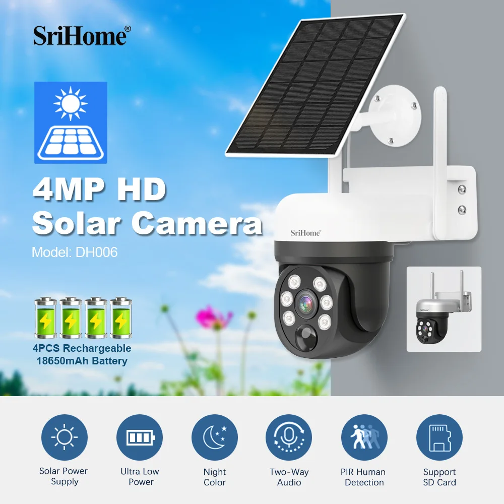 SriHome 4MP IP Solar Power WiFi Camera DH006 HD Wireless Security HD CCTV Waterproof Cam utdoor Surveillance Security Cameras