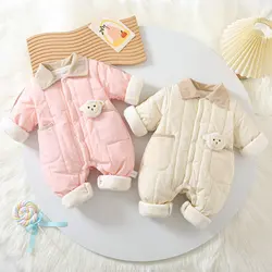 MILANCEL Winter Baby Clothes 0-2Y Fleecing Lining Infant Girls Warm Rompers Turn Down Collar Thicken Jumpsuits for Toddler Boys