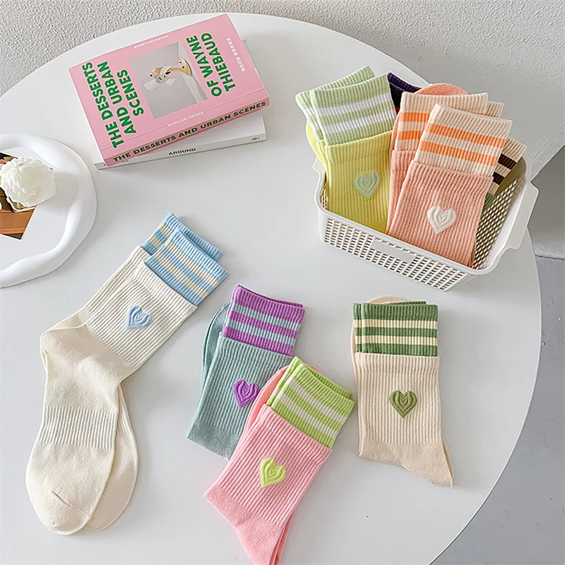 Japanese Sweet Style Women Socks Macaroon Color Love Heart Embroidered Cotton Sock Harajuku Striped Calcetines
