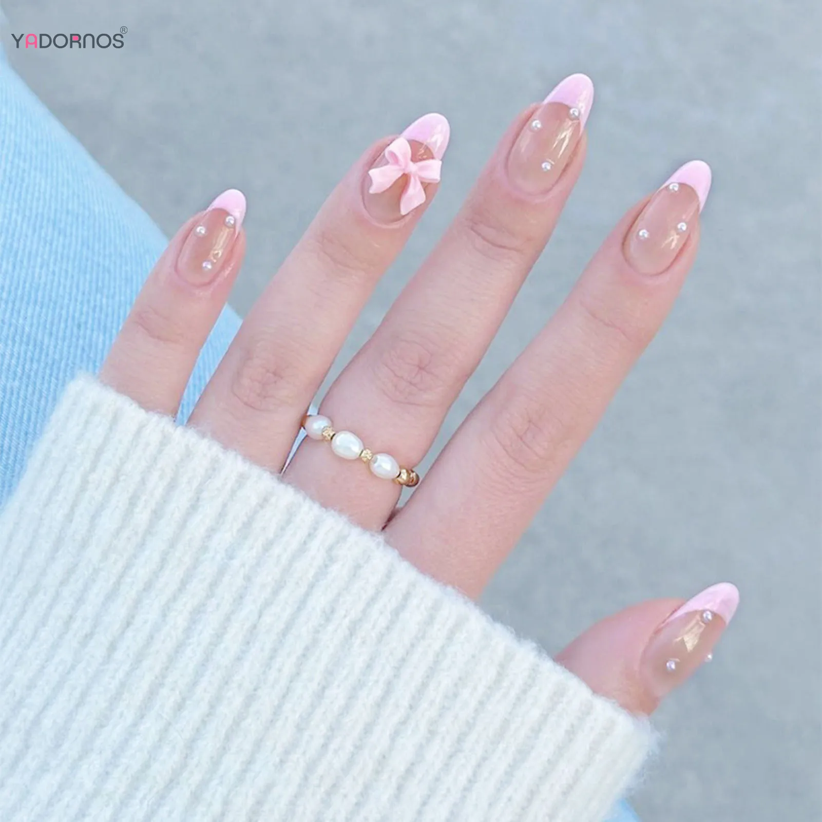 Sweer Korean Pink False Nails with 3D Bow Decor French Almond Fake Nail Tips Full Cover Wearable Ins Simple Press on Nails