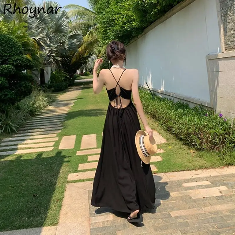 Sleeveless Black Dress Women Midi V-neck Backless Elegant Summer Stylish Design Simple Korean Style Temperament Leisure Chic