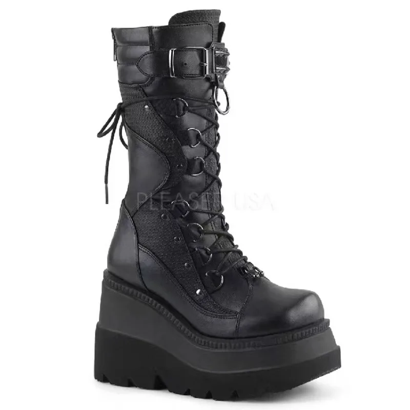 High Heel Square Heel Modern Boots Winter Mid-calf Shoes Female 2024 High Quality Cross-tied Lace-up Punk Women\'s Boots