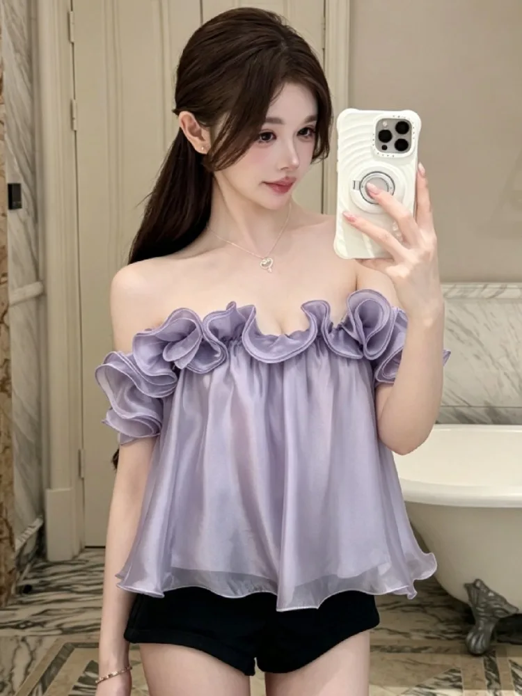 

Sexy Slimming Shoulder Bared Ruffle Hem Chiffon Top Women Summer New Holiday Style Spicy Short Outerwear Korean Loose Fit Bre...