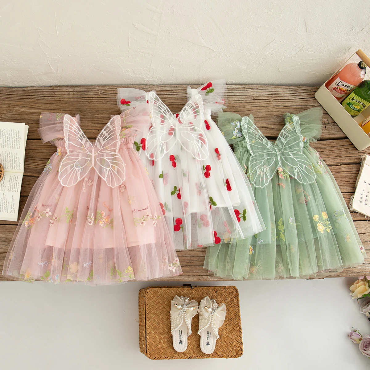Baby Girl Dress Summer Cotton Solid Color Bow Sheer Small Fly Sleeves Girls Dresses Sweet And Cute Beach Princess Dress