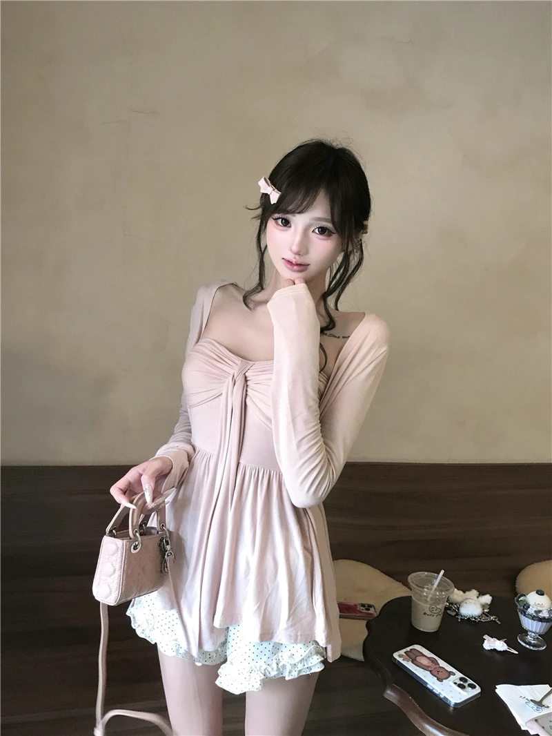 Лето 202, новый модальный розовый открытый кардиган, верхняя одежда с топом-трубкой, корейский комплект Sle Aosphere Pure Desire, женский комплект Faion Ense...