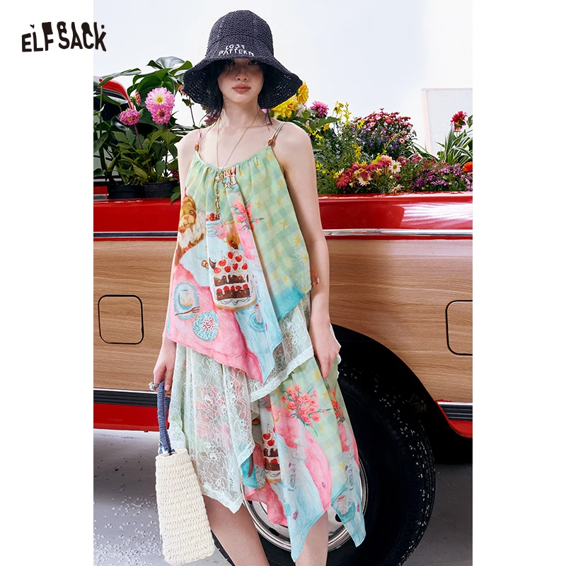 

ELFSACK Women's Sweet Hand-Printed Cami Maxi Dress, Tiered Asymmetrical Hem Sundress with Beaded Straps, Boho Summer Long Dress