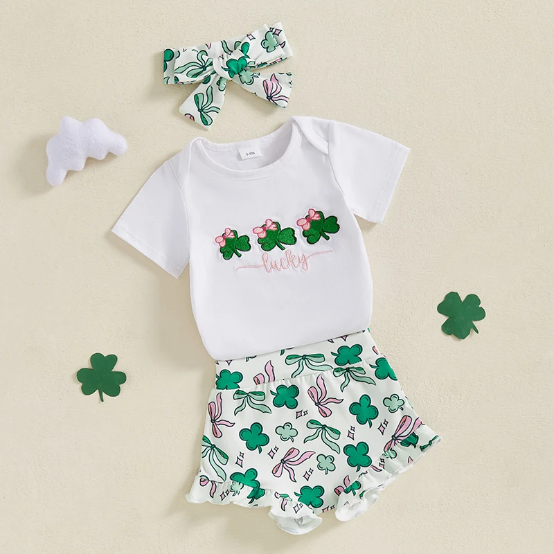 Pakaian bayi perempuan, baju monyet lengan pendek bordir dengan motif Shamrock dan bandana