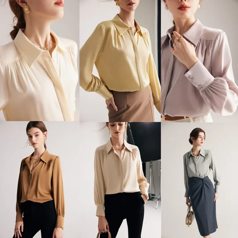 2024 Spring/Autumn New Heavy 19MM 90% Natural Mulberry Silk Elastic Satin Solid Color Long Sleeve Collar Women's Commuting Shirt