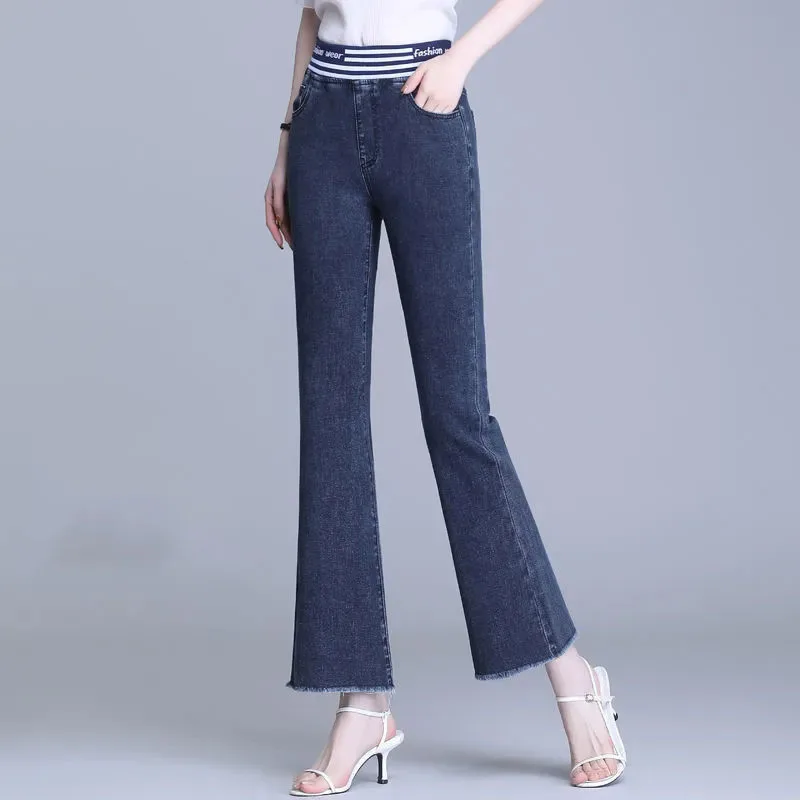 Fashion Ankle Length Flare Jeans Women Patchwork High Waist Stretch Vaqueros Elegant Skinny Bell-Bottom Pant Thin Denim Trousers