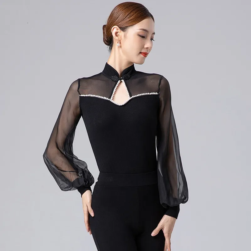 Sexy Women Leotard Long Sleeve Dancer Performance Show Wear Modern Classical Dance Top High Collar See Through Gauze Chest Red