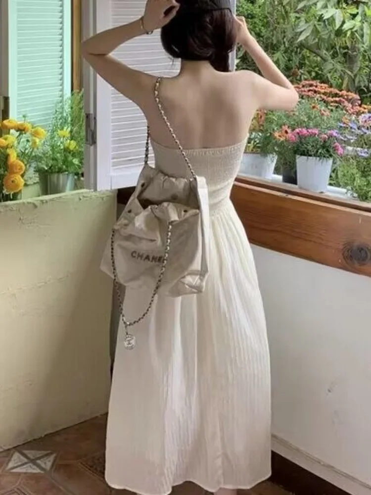 Strapless Dresses Women Streetwear Gentle Minimalist Folds Summer Temperament Casual Hotsweet Korean Style New Empire Ins Trendy