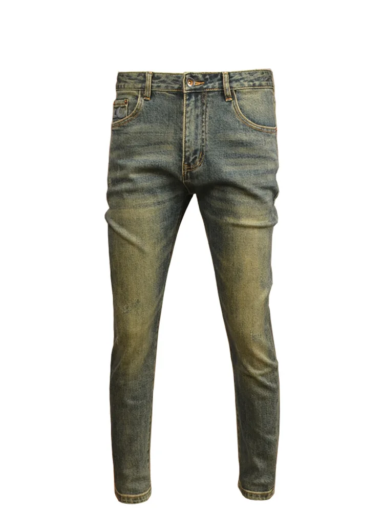 2024 Spring Retro Worn Jeans Men's Tight Stretch High Street Washed Yellow Mud Color Skinny Men's Clothing Retro Pants