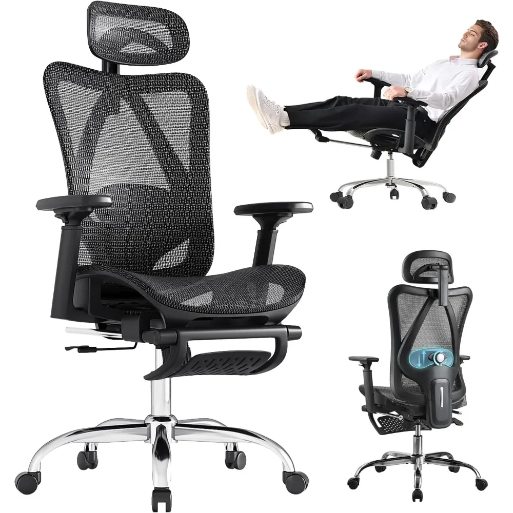 

Ergonomic Office Chair, 3-Level Tilt Backrest, 3D Headrest, 3D Armrest and Retractable Footrest, Mesh Breathable SGS Class 4 Gas