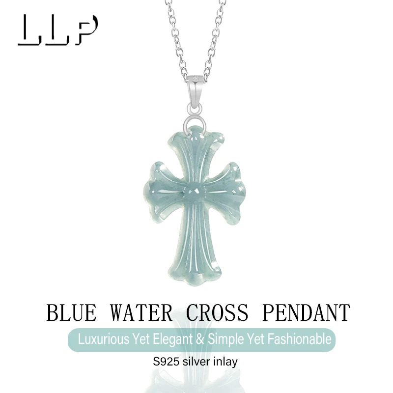 Natürlicher blauer Wasser-Jade-Kreuzanhänger, S925-Silberbasis, handgeschnitztes Amulett für religiöse Zwecke, geeignet für Männer und Frauen – Detail 1