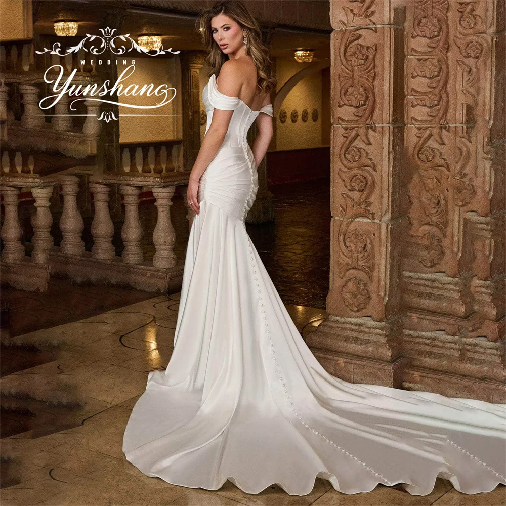 Yunshang Customized Wedding Dress Off Shoulder Mermaid Bridal Dress Ruched Detail Long Train Wedding Gown Corset Simple Morden