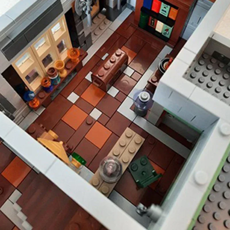 Model Film Populer MOC Bangunan Bata Rumah Pahlawan Toko Kelontong Hijau Hadiah Teknologi Modular Setelan Mainan Rakitan Liburan Anak-anak