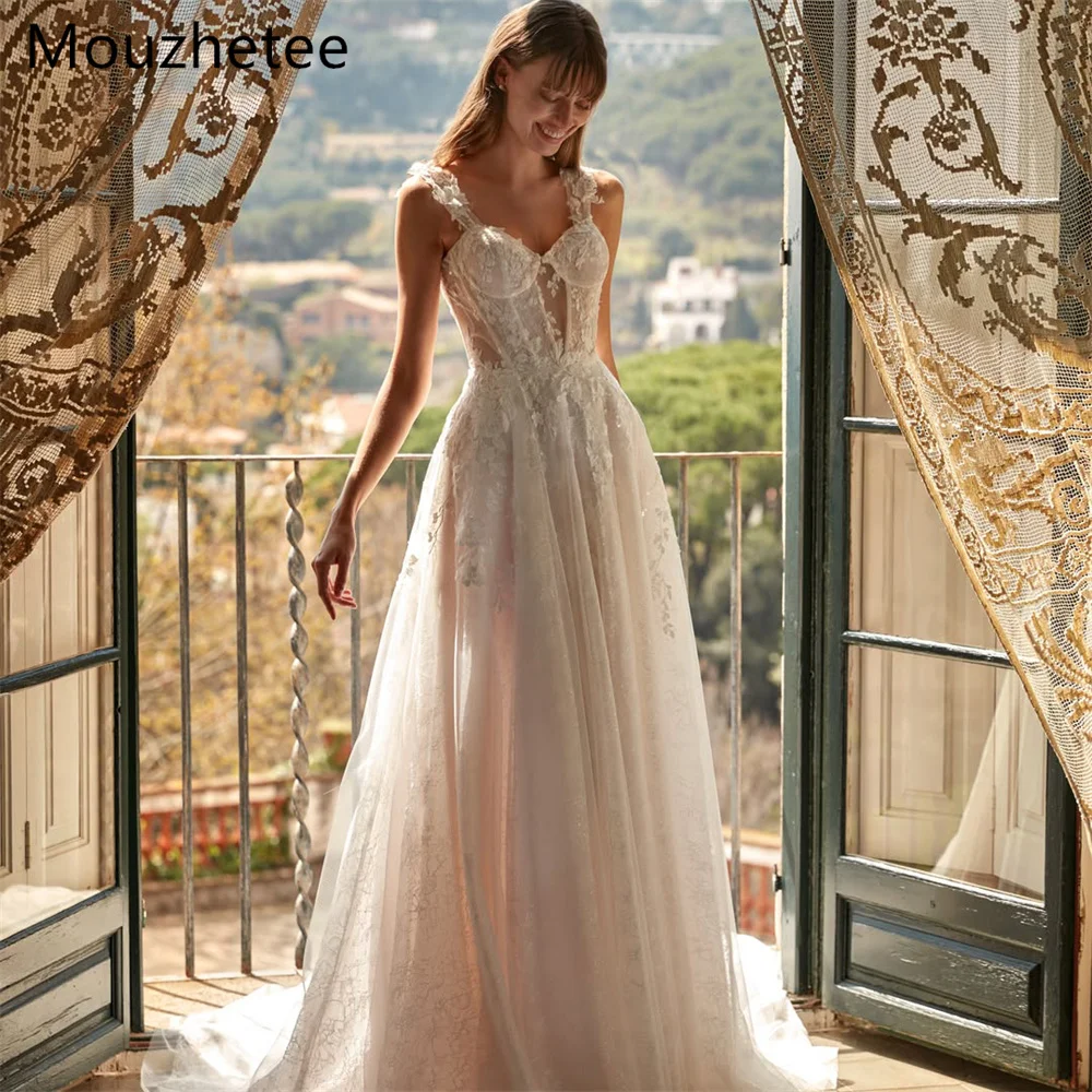 Mouzhetee A-Line Elegant Backless Appliqued Lace Wedding Dresses Simple Sleeveless Brides Gown Custom Made 2026