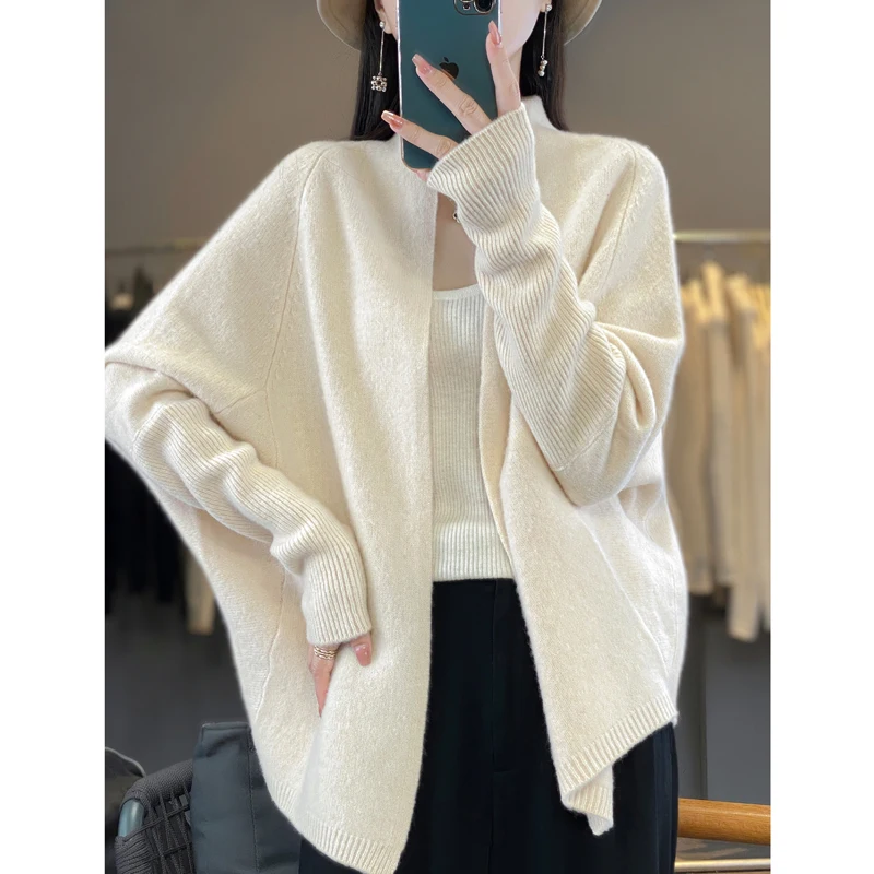 

Autumn and winter new bat sleeve 100 pure wool cardigan women's shawl cloak loose soft waxy sweater cashmere knitted coat