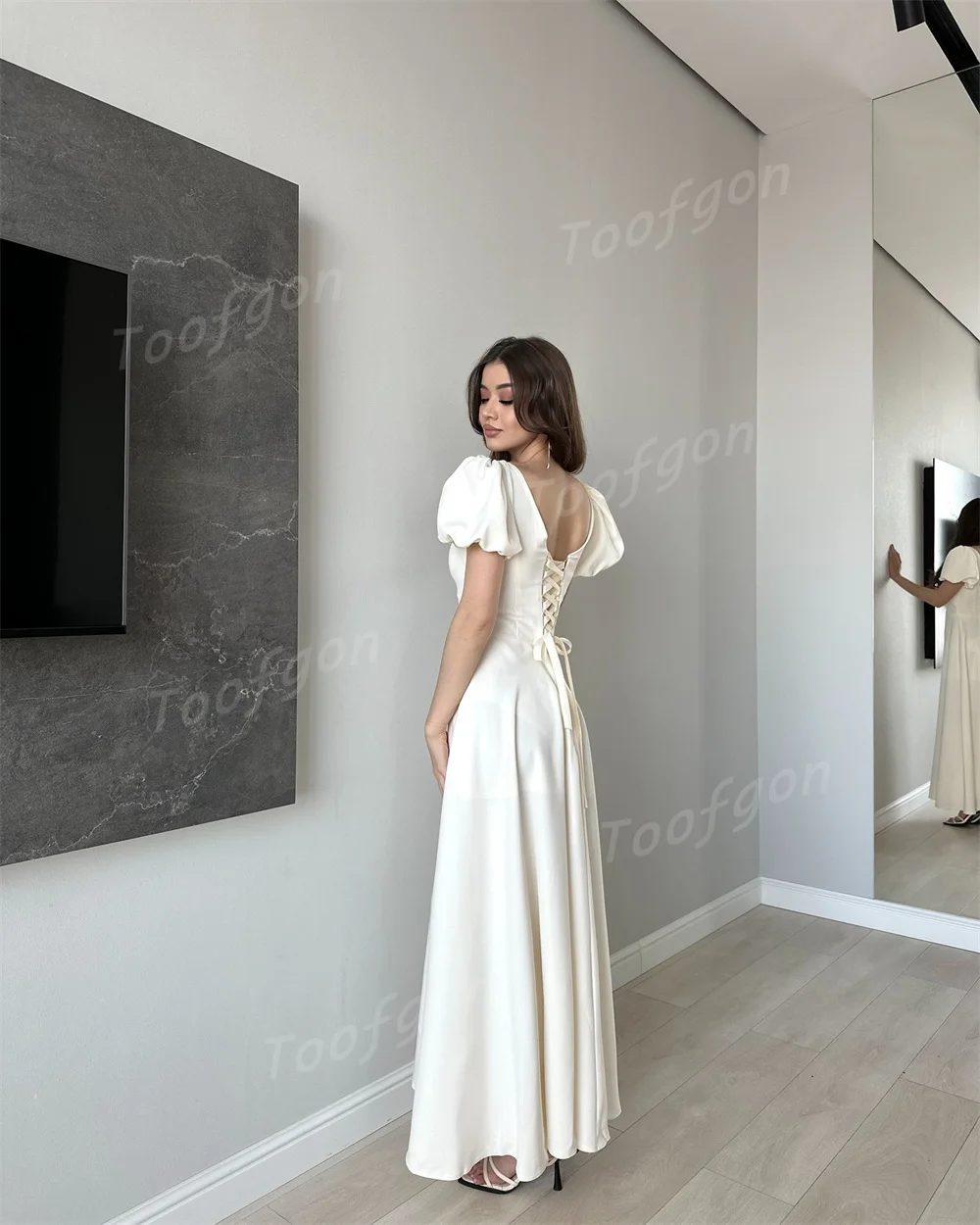 Toofgon Elegant Square Neck Long Evening Dresses Customized Short Puff Sleeve A Line Prom Gown Special Occasion Party Dress