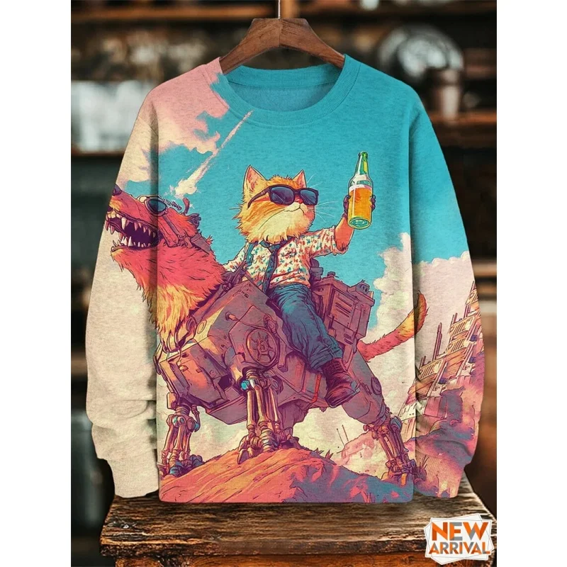3D Printed Hedgehog Robot Sweatshirts For Men Women Fantasy Cat Dog Pattern Long Sleeve Tops Casual Pullover Round Neck Hoodies