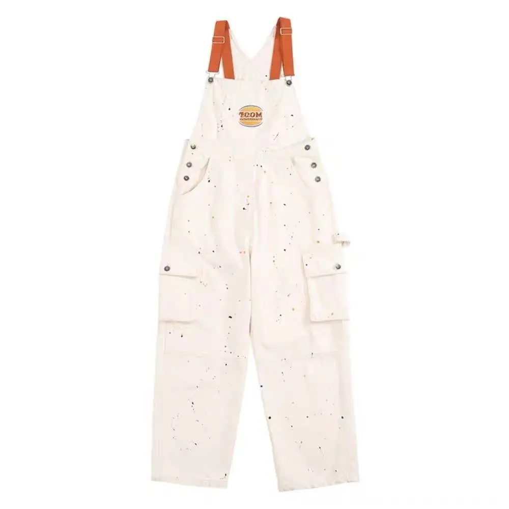 

American High Street Splashed White Denim Overalls Women 2026 Spring Summer New Loose Straight Leg Workwear Wide Leg Jeans