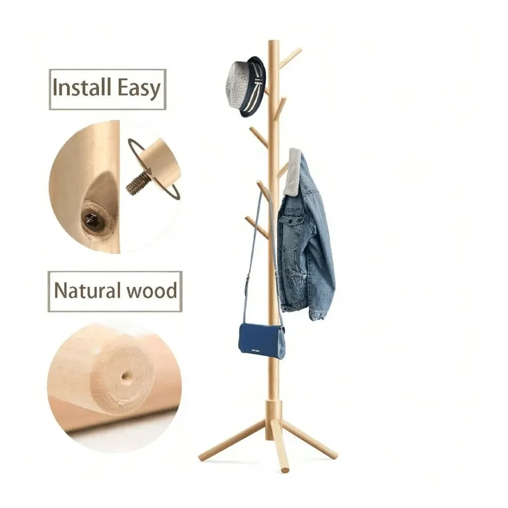 

Wooden Coat Rack Stand,Sturdy Freestanding Coat Rack With 8 Hooks,3 Adjustable Height For Child Adult,Wood Coat Stand Tree Fits