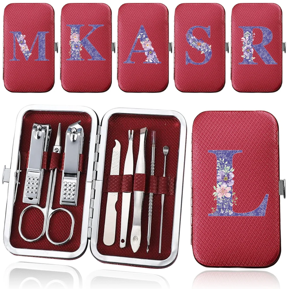 

8Pcs PU Manicure Set Organizer Stainless Steel Nail Clipper Pedicure Tool Kit Portable Trimmer Case Purple Flower Letter Pattern