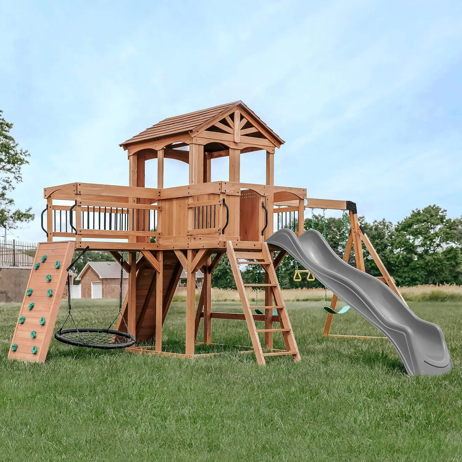 

Sterling Point Cedar Wood Swing Set with Wave Slide, Raised Clubhouse, Wooden Bridge, Rock Wall, Belt Swings, Web Swing, Trapeze