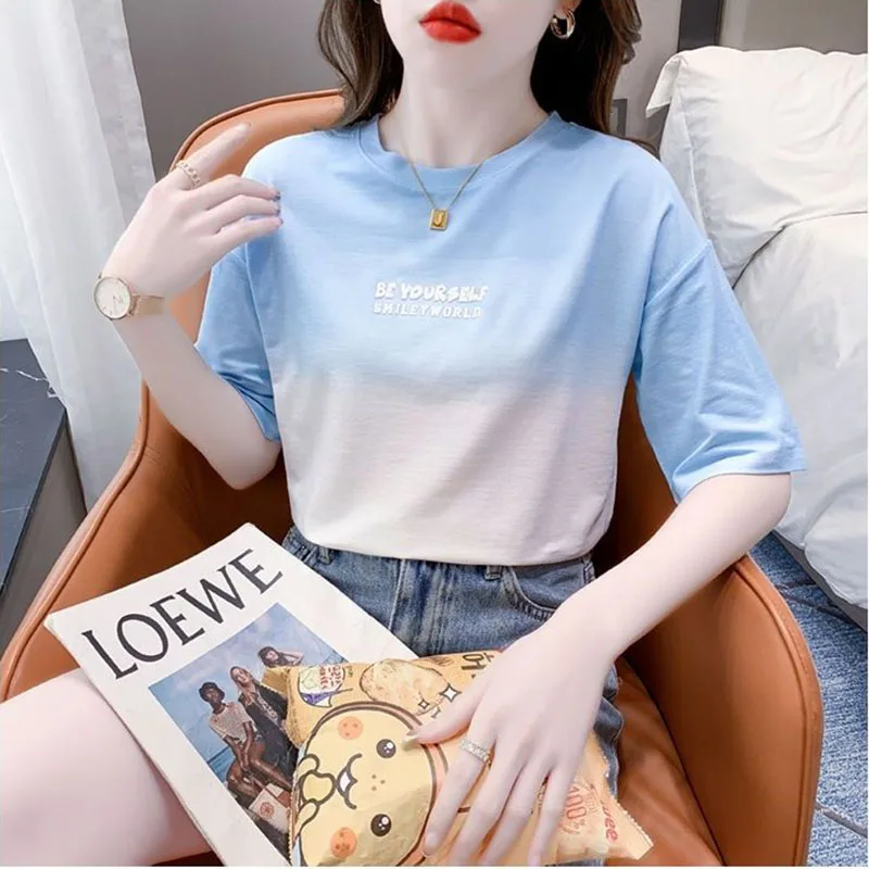 2024 Spring Summer New Tie-Dyed Letter Printed T-Shirt With Simple Short Sleeve Women's Fashion Joker Loose Slim Gradient Top