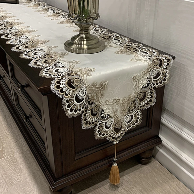 Exquisite American Table TV Cabinet Tablecloth Lace European Dresser Table Runner Embroidered Long Strip Anti-dust Cover Fabric