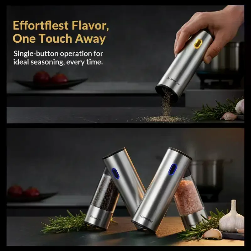 Electric Salt And Pepper Grinder Automatic Rechargeable Pepper Mill Shakers Adjustable Coarseness One-Handed Automatic Operation
