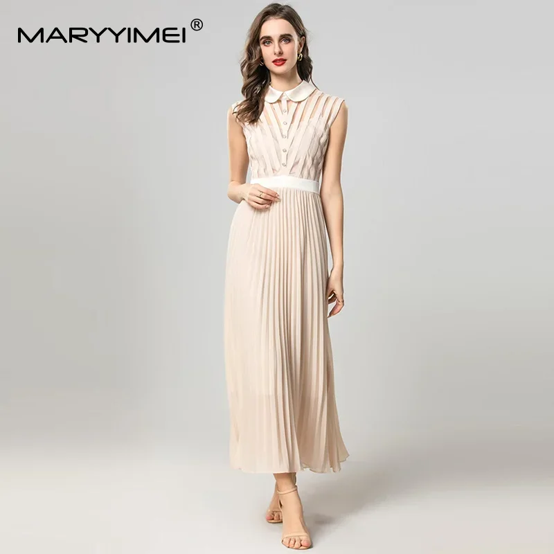 Gedivoen エレガントなフレンチスタイルマキシドレス人形の襟ノースリーブハイウエストロングプリーツドレス女性の夏の新着