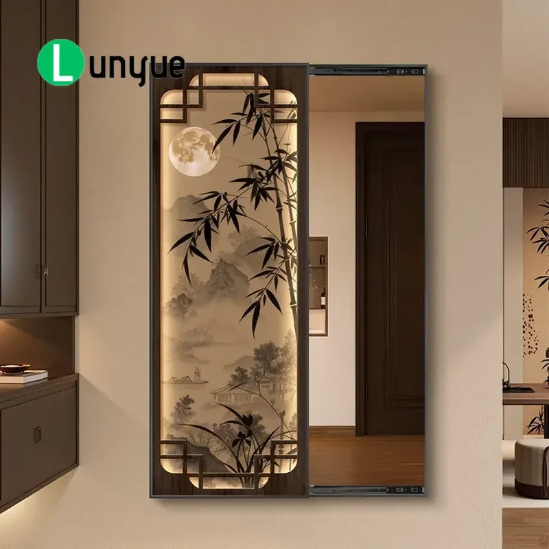 Hidden Full Body Mirror Decorative Painting Chinese Style Push Pull Closed Wall Art for Bedroom Living Room Space Saving Home