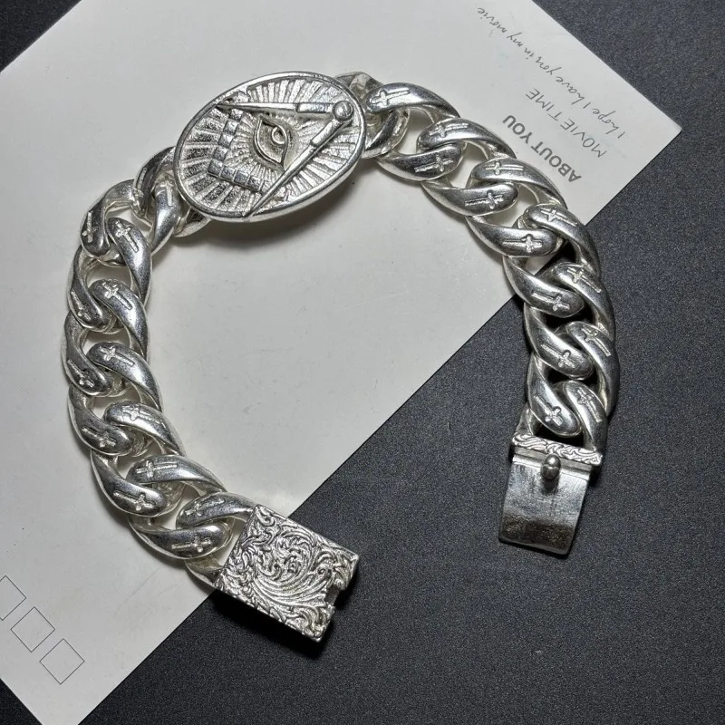 Vintage European Exquisitely Carved Silver Plated Men Bracelet, Interlocking Chain Trendy Classic Fashion Jewelry