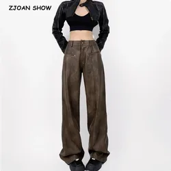 2023 American Retro Washing Color Brown Wide Leg PU Leather Pants Woman High Waist Loose Long Straight Trousers Casual Bottom