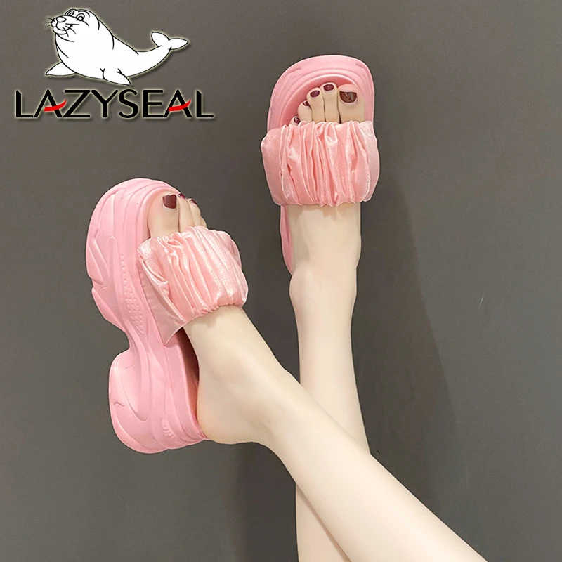 LazySea Pleated Silk Slide Wedge Heel Women Slippers Concise Solid Color Height Increasing Slides New Platform Women Sandal Shoe