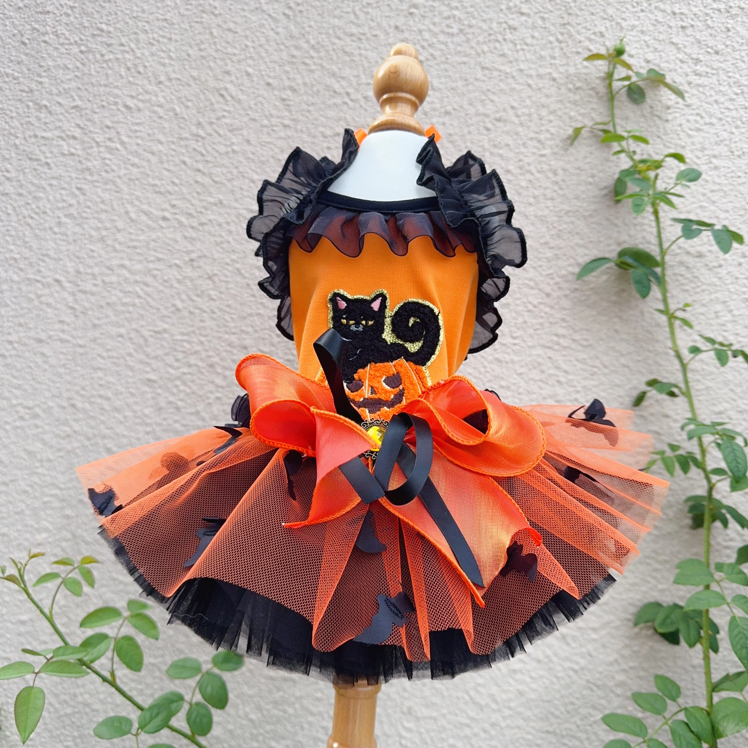 

Handmade Lovely Puppy Clothing Fashion Cute Pumpkin Print Orange Black Lace Sling Dress For Small Medium Dog Pet Clothes Poodle