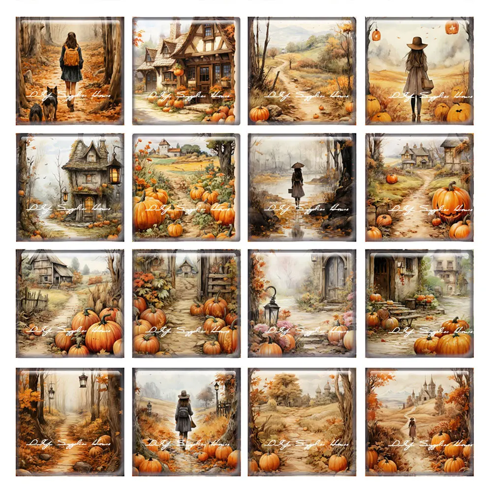 

10pcs/lots Autumn Fall Thanksgiving Pumpkin Girl's Back Photo Glass Cabochon Charms Demo Flat Back Cameo For Diy Jewelry Making