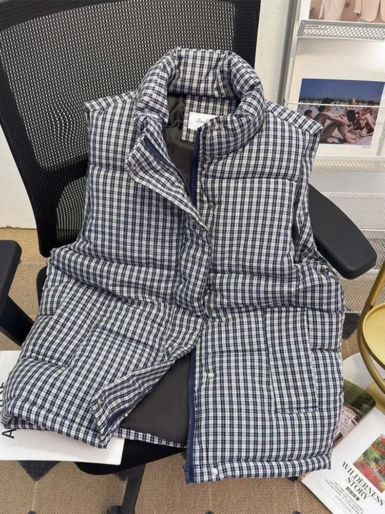 

Retro American Plaid Splicing Svel Cotton Vest Women's Autumn Winter Loose Fit Versatile oulder Pad Jaet