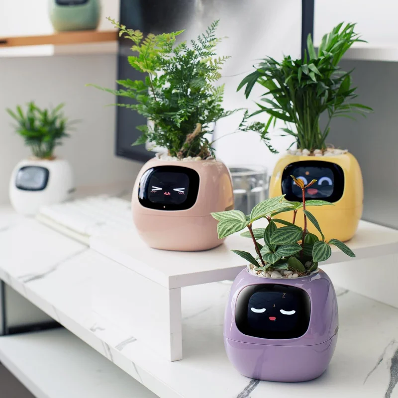 Automatic water absorbing flower AI sensor digital pet flowerpot plastic mini plant pot desktop intelligent smart planter