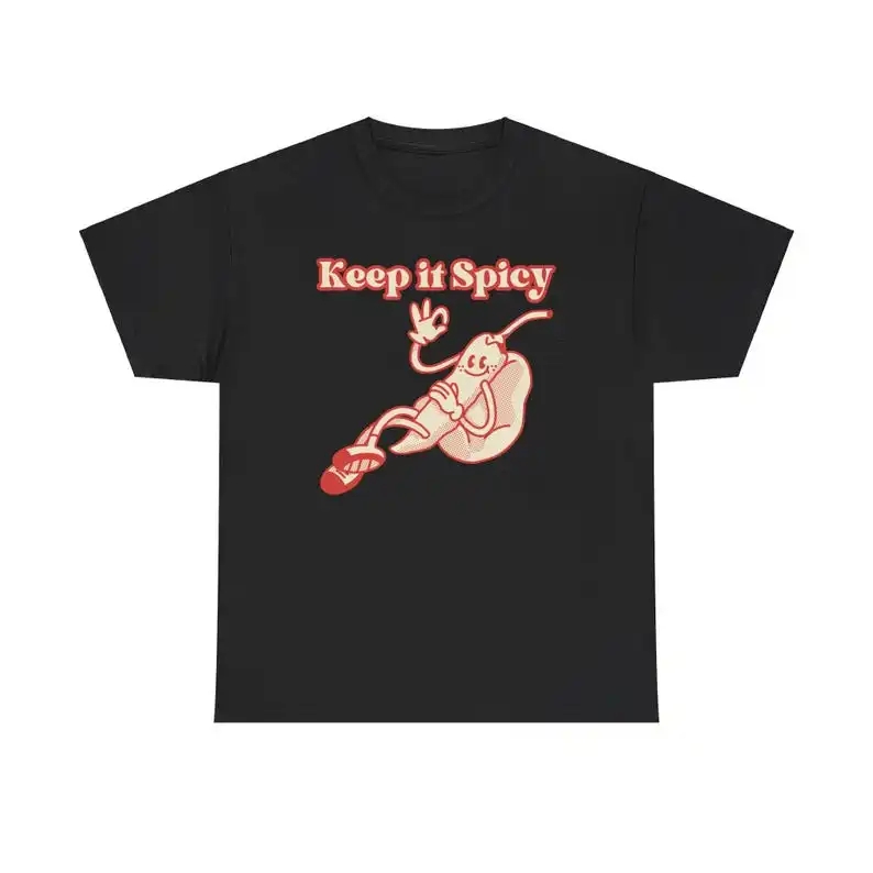 Keep is spicy, hot t-shirt with red chilli vegetable design, gift idea for all modern streetwear fans 2024