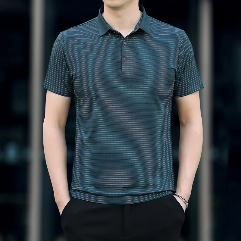 Striped Business Casual Mens Polo Shirt Short Sleeve Gentleman Summer Quality Silky Soft Comfortable Easy Care Camisas De Hombre