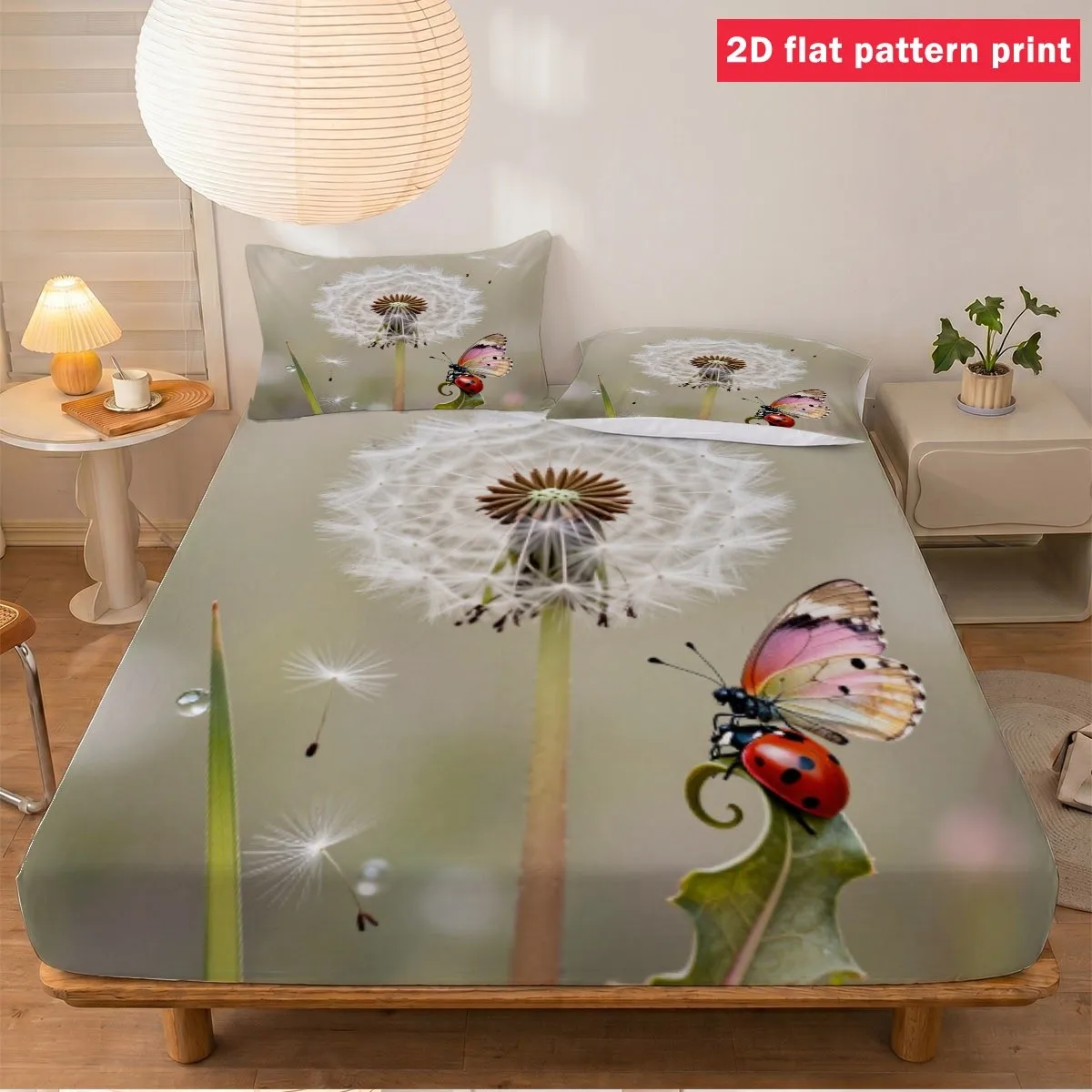 Dandelion and Ladybug Butterfly Holiday Gift Three-Piece Bedding Set (Includes 1 Fitted Sheet + 2 Pillowcases) 3-Piece Set, Large Capacity Deep Bedding Mattress Protector, Fitted Sheet Style, Protective Cover, Mattress Protector, Machine Washable Design, Holiday Decoration, Various Sizes, Breathable Protective Cover Plus Pillowcase