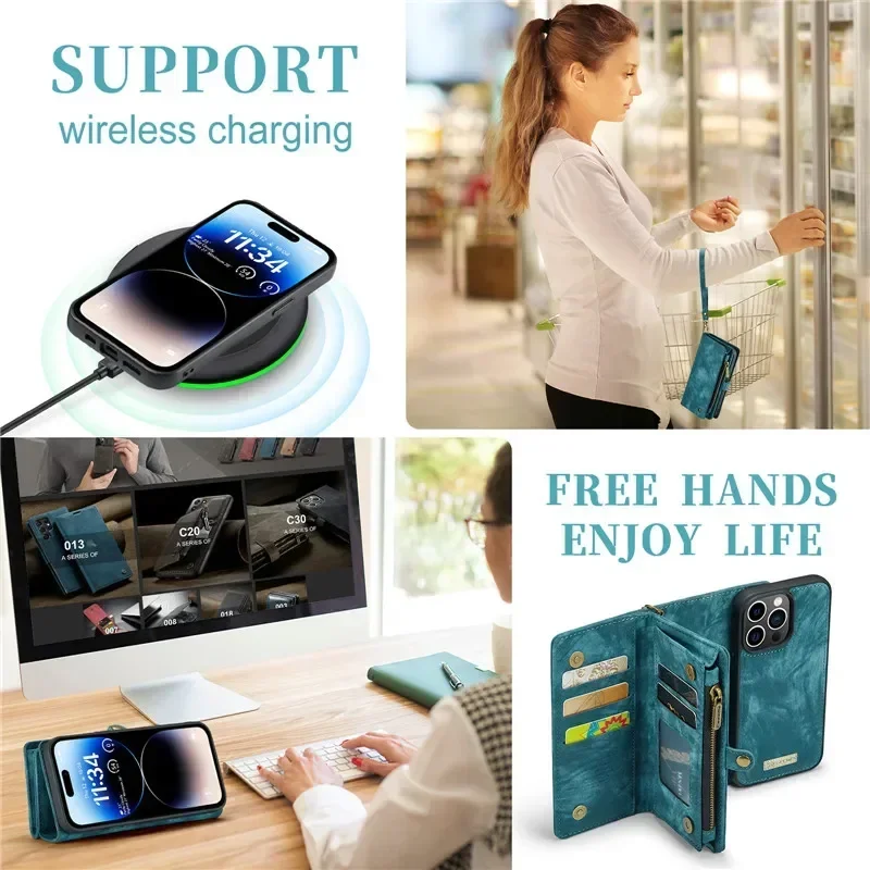 Magnetic Flip Leather Phone Case for iPhone 12 11 13 14 15 Pro Max XS XR X SE 2022 8 Plus Zipper Wallet Card Cover Hoesje image 3