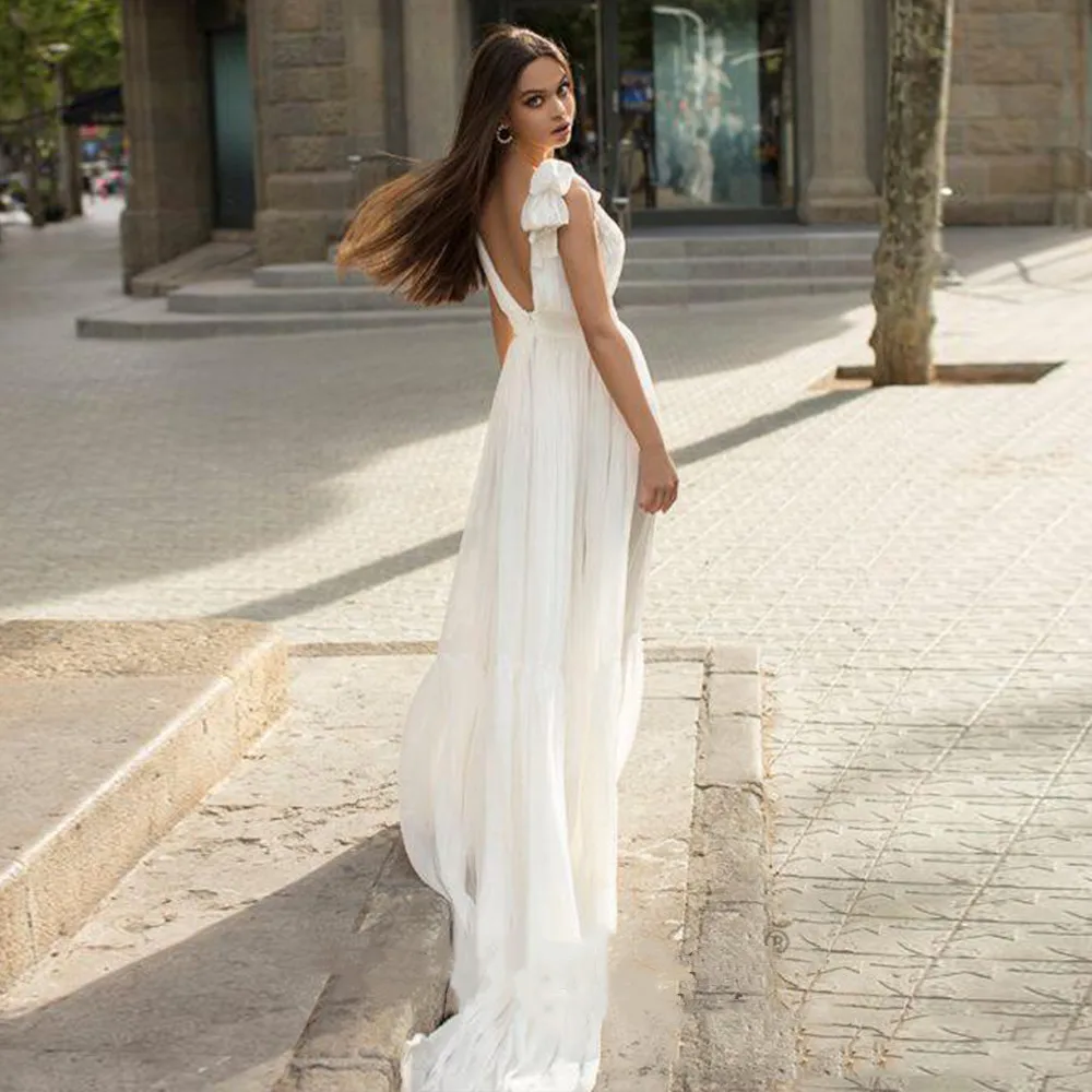 Semplice abito da sposa in Chiffon a-line manica corta con scollo a v spalline con fiocco aperto Backless Vestido De Novia