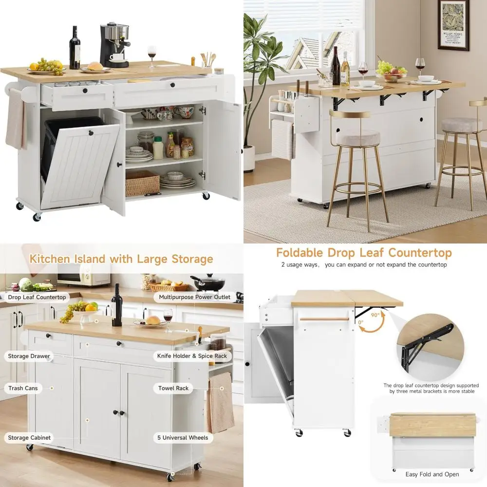 جزيرة المطبخ مع أوراق متدلية وعربة دوارة ورف توابل وقضيب المناشف وحامل سكاكين - محطة أدوات بارتفاع 60 عدادًا #1