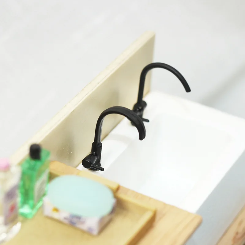 Dollhouse Miniature Simulation Faucet Diy Model Doll House Kitchen Accessories Stainless Steel Washbasins Double Sink Dish Toys